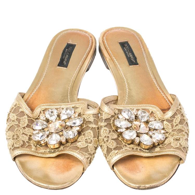 Pre Owned Dolce & Gabbana Gold Lace Sofia Crystal Embellished Slide Flat Sandals Size 38