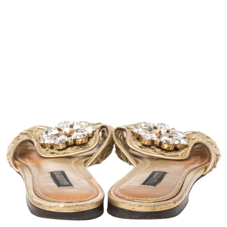 Pre Owned Dolce & Gabbana Gold Lace Sofia Crystal Embellished Slide Flat Sandals Size 38
