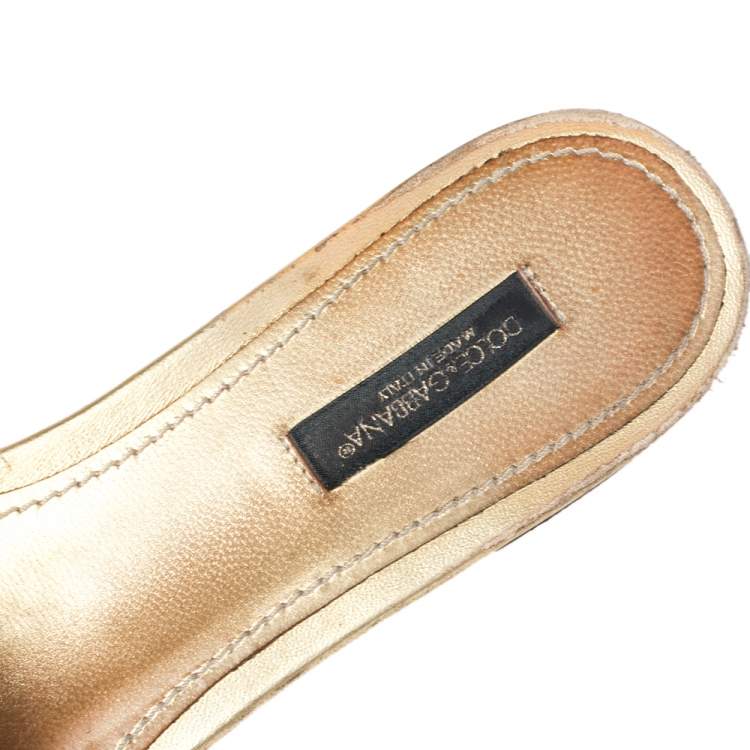 Pre Owned Dolce & Gabbana Gold Lace Sofia Crystal Embellished Slide Flat Sandals Size 38