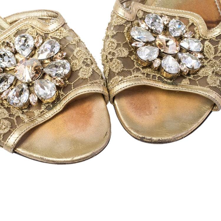 Pre Owned Dolce & Gabbana Gold Lace Sofia Crystal Embellished Slide Flat Sandals Size 38