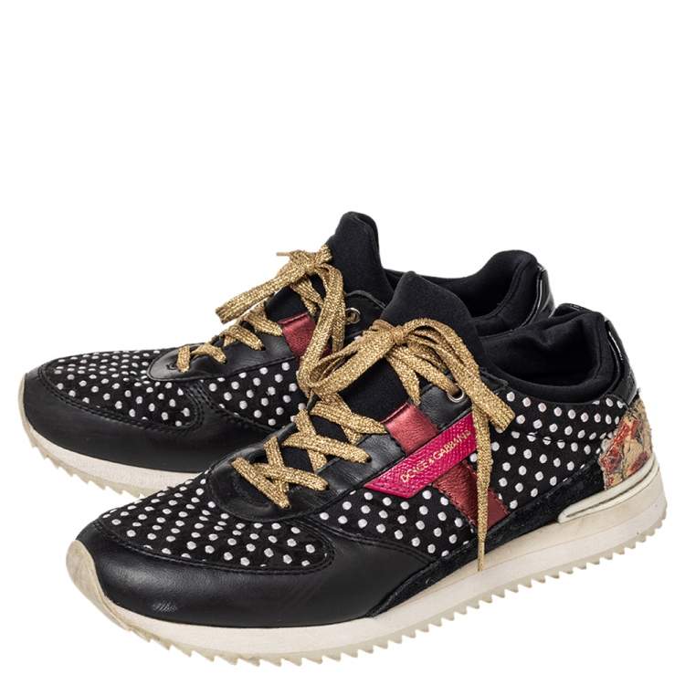 Pre Owned Dolce & Gabbana Black/White Leather/Python/Suede And Polka Dot Fabric Low Top Sneakers Size 39.5