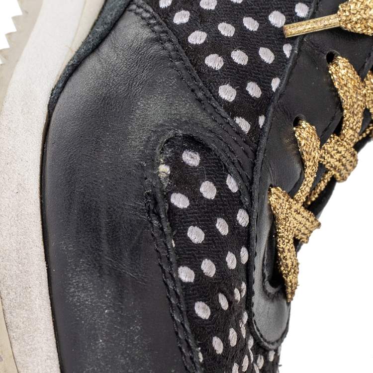 Pre Owned Dolce & Gabbana Black/White Leather/Python/Suede And Polka Dot Fabric Low Top Sneakers Size 39.5