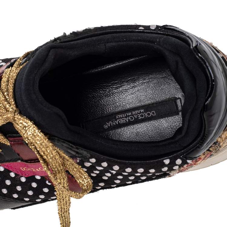 Pre Owned Dolce & Gabbana Black/White Leather/Python/Suede And Polka Dot Fabric Low Top Sneakers Size 39.5