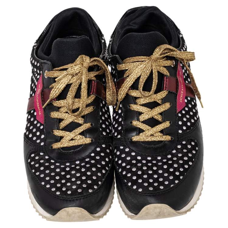 Pre Owned Dolce & Gabbana Black/White Leather/Python/Suede And Polka Dot Fabric Low Top Sneakers Size 39.5