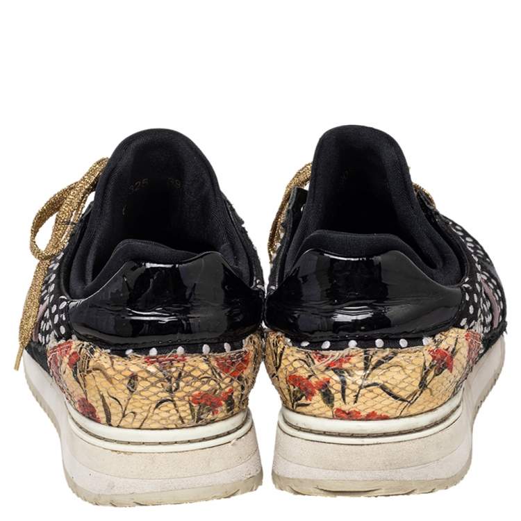Pre Owned Dolce & Gabbana Black/White Leather/Python/Suede And Polka Dot Fabric Low Top Sneakers Size 39.5