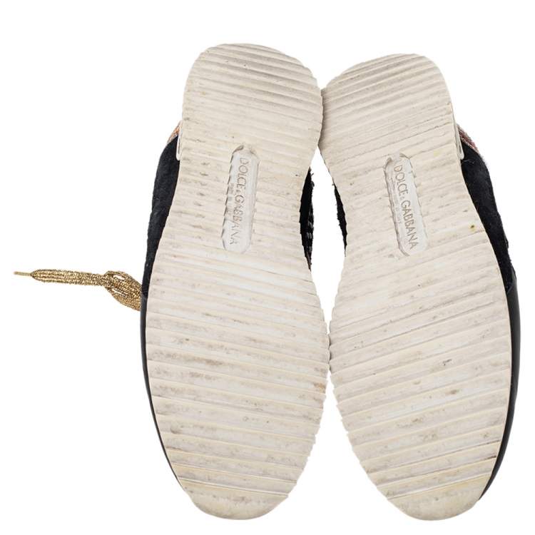 Pre Owned Dolce & Gabbana Black/White Leather/Python/Suede And Polka Dot Fabric Low Top Sneakers Size 39.5
