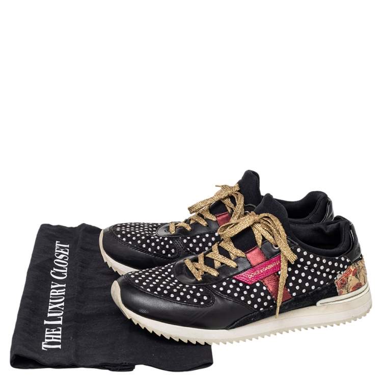 Pre Owned Dolce & Gabbana Black/White Leather/Python/Suede And Polka Dot Fabric Low Top Sneakers Size 39.5