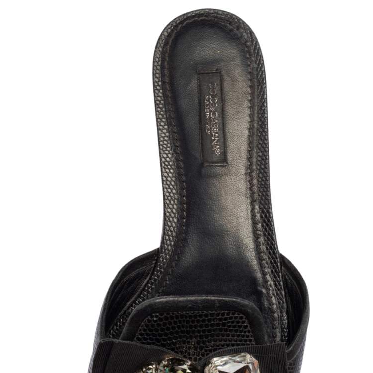 Pre Owned Dolce & Gabbana Black Lizard Embossed Leather Crystal Embellished Bow Flat Slides Size 37