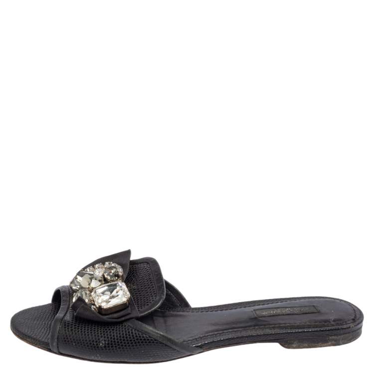 Pre Owned Dolce & Gabbana Black Lizard Embossed Leather Crystal Embellished Bow Flat Slides Size 37