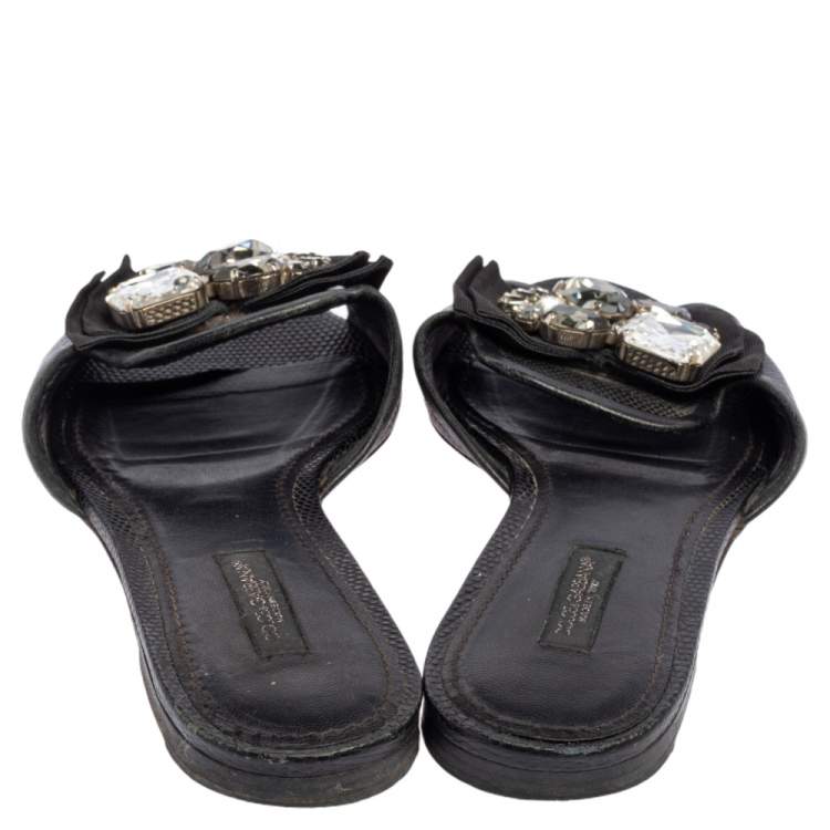 Pre Owned Dolce & Gabbana Black Lizard Embossed Leather Crystal Embellished Bow Flat Slides Size 37