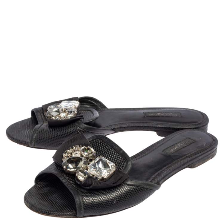 Pre Owned Dolce & Gabbana Black Lizard Embossed Leather Crystal Embellished Bow Flat Slides Size 37
