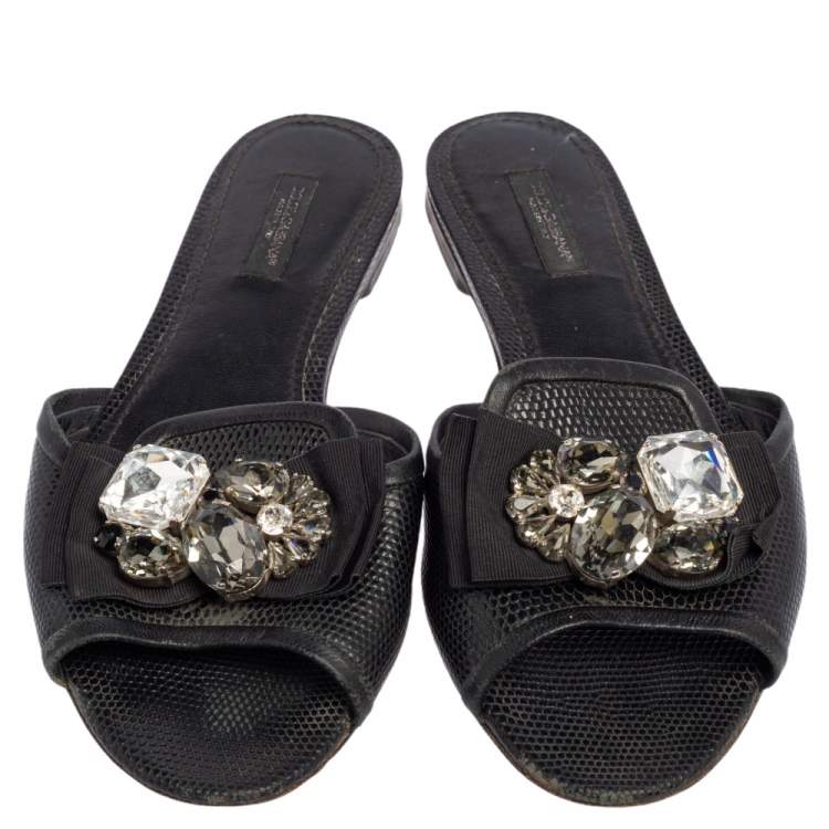 Pre Owned Dolce & Gabbana Black Lizard Embossed Leather Crystal Embellished Bow Flat Slides Size 37