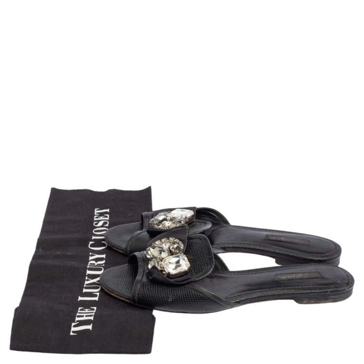 Pre Owned Dolce & Gabbana Black Lizard Embossed Leather Crystal Embellished Bow Flat Slides Size 37