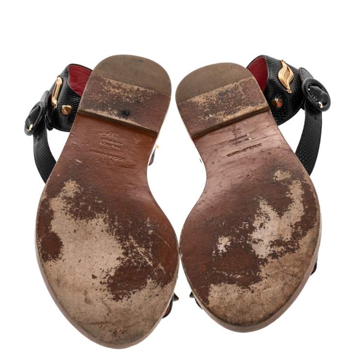 Pre Owned Dolce & Gabbana Lizard Embossed Leather Embellished Ankle Strap Flat Sandals Size 36