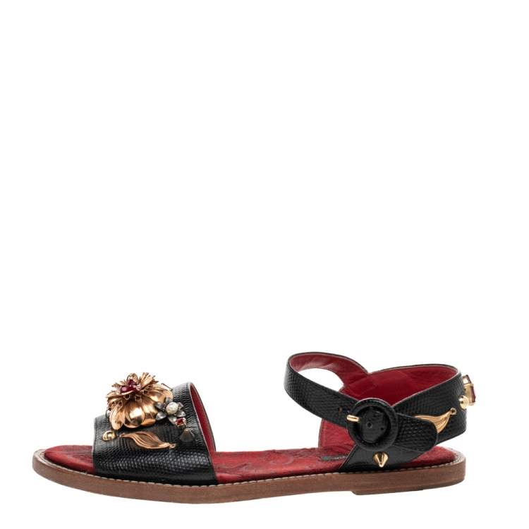 Pre Owned Dolce & Gabbana Lizard Embossed Leather Embellished Ankle Strap Flat Sandals Size 36