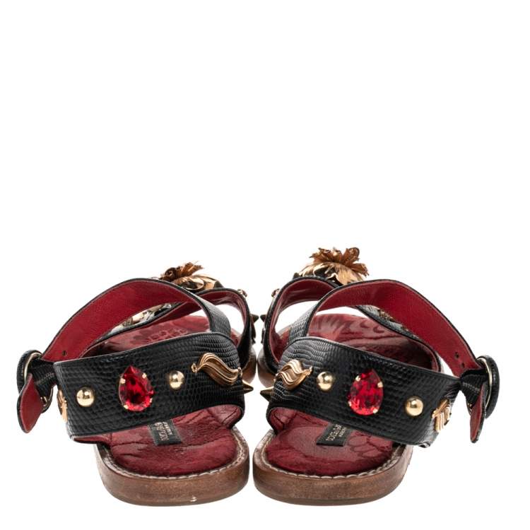 Pre Owned Dolce & Gabbana Lizard Embossed Leather Embellished Ankle Strap Flat Sandals Size 36