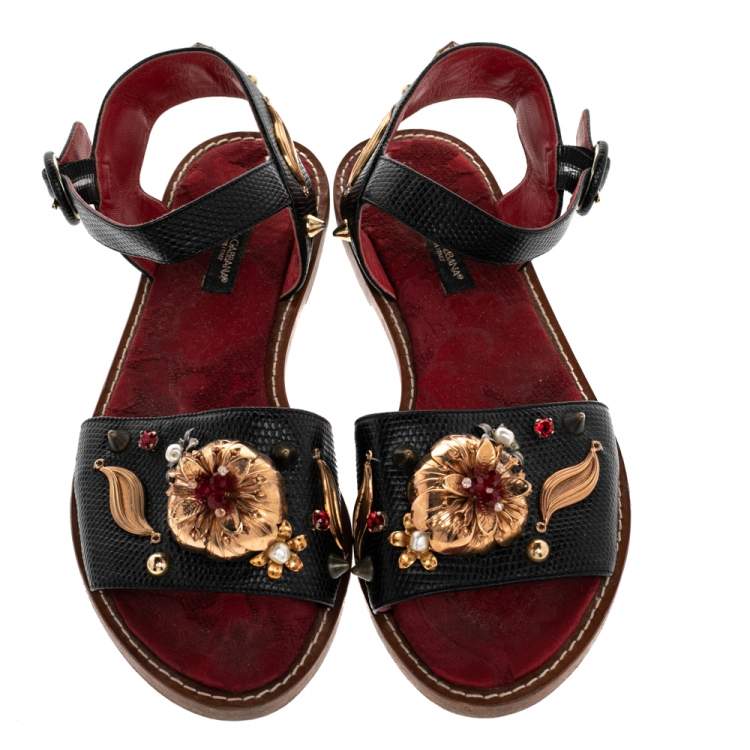Pre Owned Dolce & Gabbana Lizard Embossed Leather Embellished Ankle Strap Flat Sandals Size 36