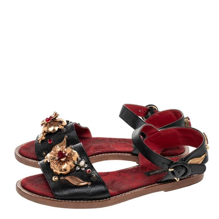 Pre Owned Dolce & Gabbana Lizard Embossed Leather Embellished Ankle Strap Flat Sandals Size 36