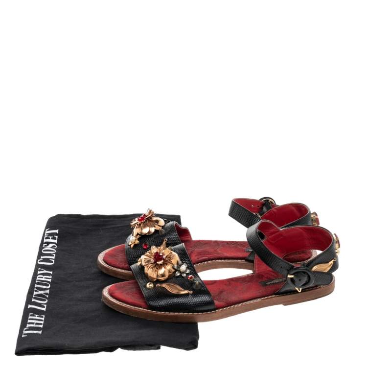 Pre Owned Dolce & Gabbana Lizard Embossed Leather Embellished Ankle Strap Flat Sandals Size 36