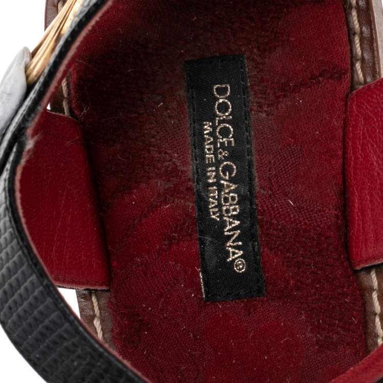 Pre Owned Dolce & Gabbana Lizard Embossed Leather Embellished Ankle Strap Flat Sandals Size 36