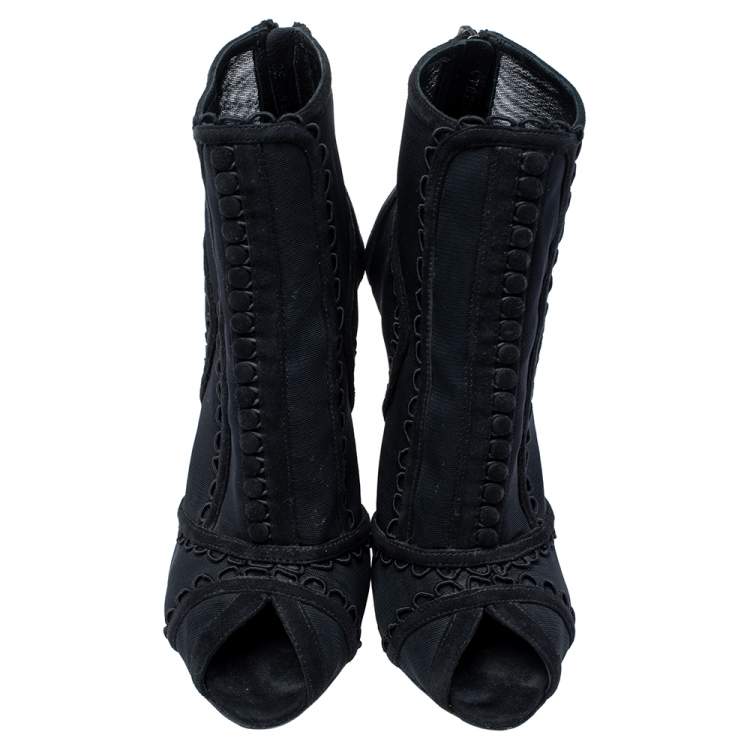 Pre Owned Dolce & Gabbana Black Mesh and Suede Trim Peep Toe Booties Size 38