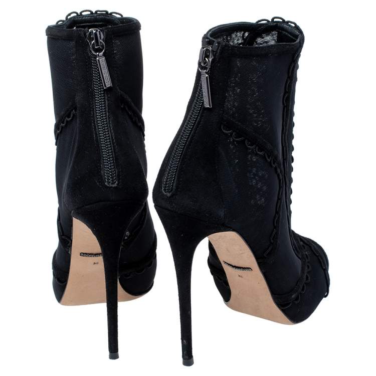 Pre Owned Dolce & Gabbana Black Mesh and Suede Trim Peep Toe Booties Size 38