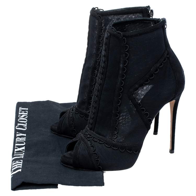 Pre Owned Dolce & Gabbana Black Mesh and Suede Trim Peep Toe Booties Size 38