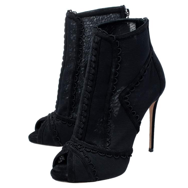 Pre Owned Dolce & Gabbana Black Mesh and Suede Trim Peep Toe Booties Size 38