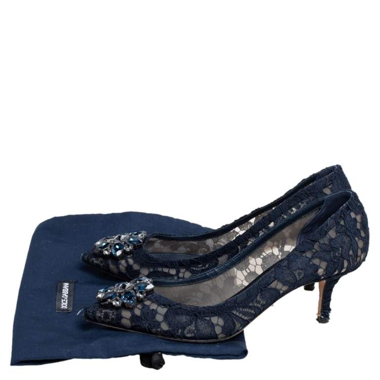 Pre Owned Dolce & Gabbana Blue Lace Bellucci Crystal Embellished Pointed Toe Pumps Size 37.5