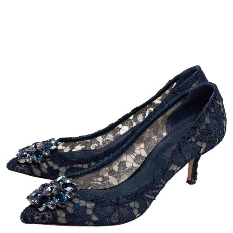 Pre Owned Dolce & Gabbana Blue Lace Bellucci Crystal Embellished Pointed Toe Pumps Size 37.5
