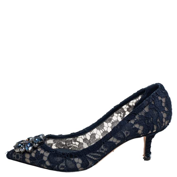 Pre Owned Dolce & Gabbana Blue Lace Bellucci Crystal Embellished Pointed Toe Pumps Size 37.5