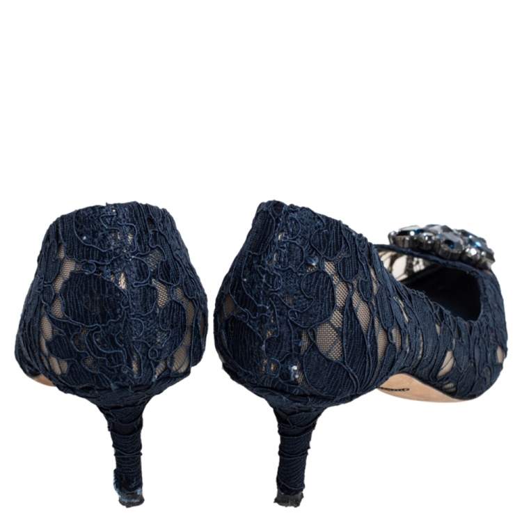 Pre Owned Dolce & Gabbana Blue Lace Bellucci Crystal Embellished Pointed Toe Pumps Size 37.5