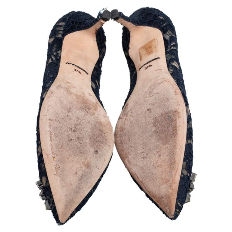 Pre Owned Dolce & Gabbana Blue Lace Bellucci Crystal Embellished Pointed Toe Pumps Size 37.5