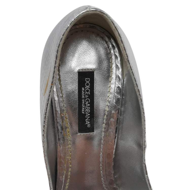 Pre Owned Dolce & Gabbana Metallic Silver Python Embossed Leather Bette Crystal Embellished Platform Pumps Size 37