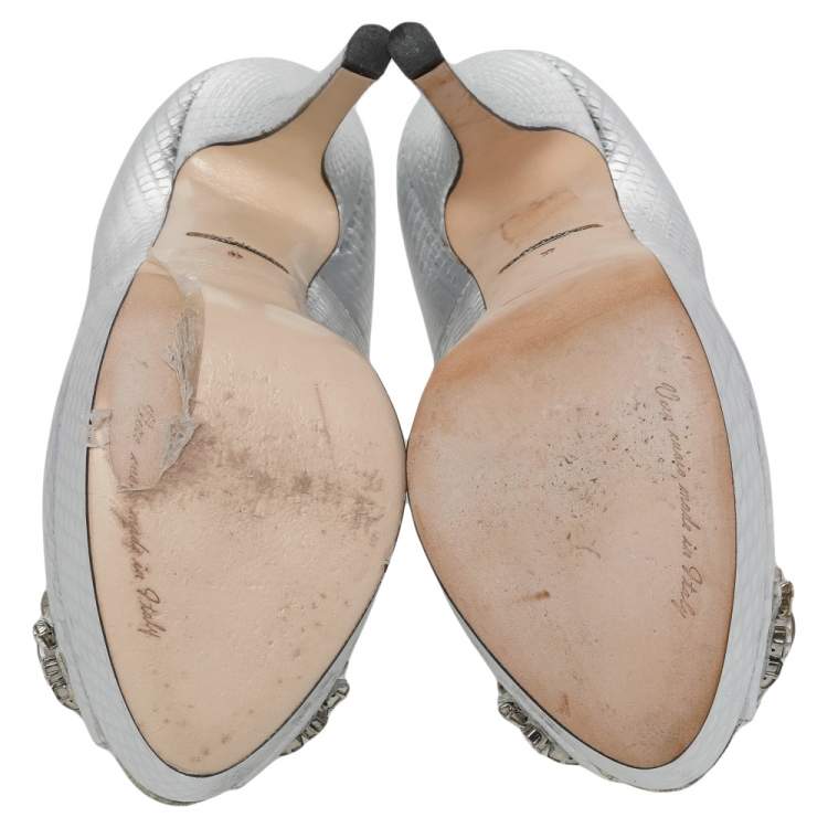 Pre Owned Dolce & Gabbana Metallic Silver Python Embossed Leather Bette Crystal Embellished Platform Pumps Size 37