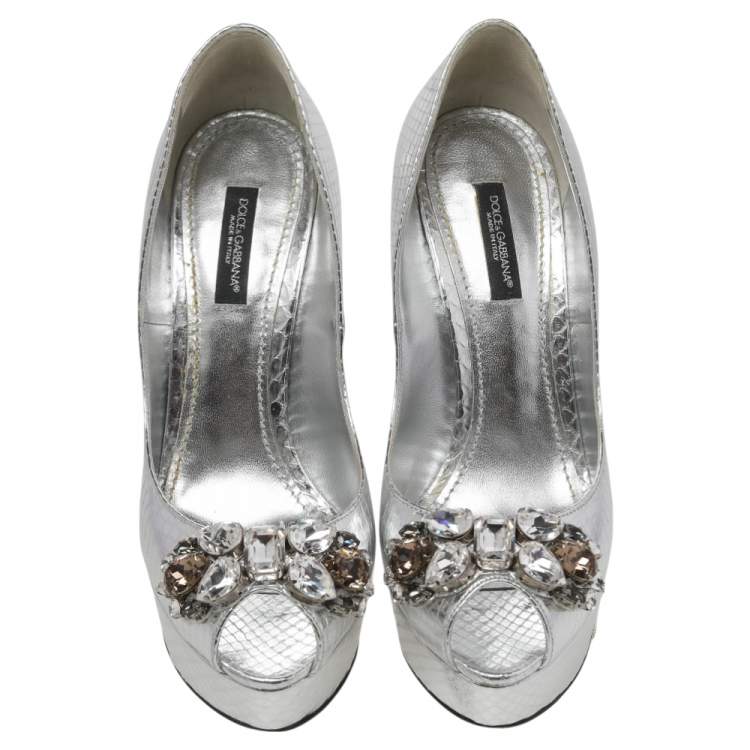 Pre Owned Dolce & Gabbana Metallic Silver Python Embossed Leather Bette Crystal Embellished Platform Pumps Size 37