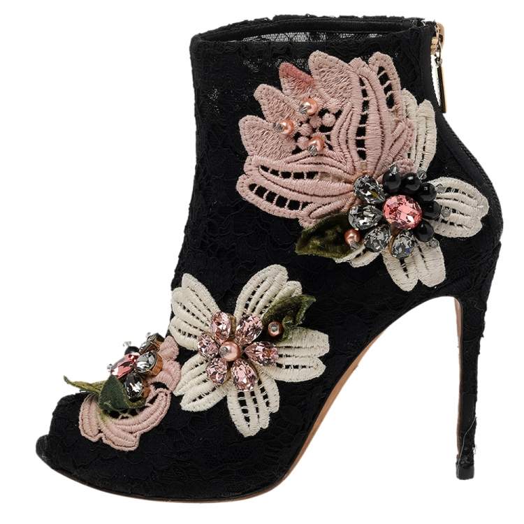 Pre Owned Dolce & Gabbana Black Lace Embellished Peep Toe Booties Size 37.5