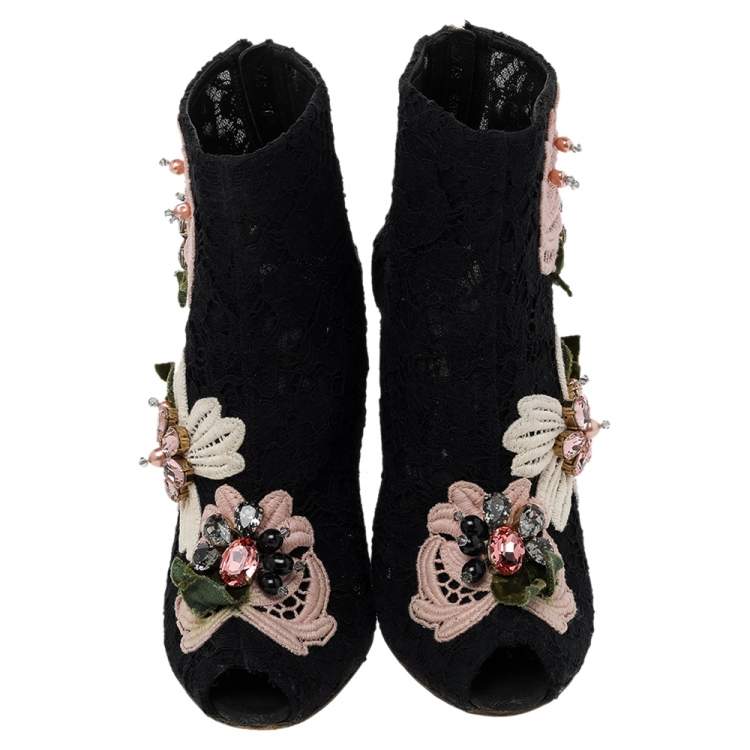Pre Owned Dolce & Gabbana Black Lace Embellished Peep Toe Booties Size 37.5