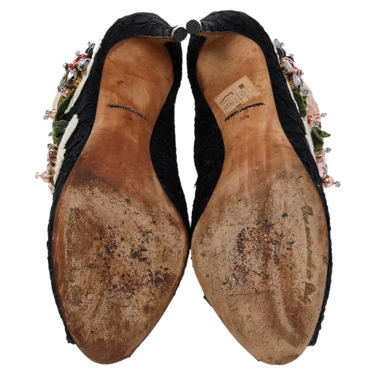 Pre Owned Dolce & Gabbana Black Lace Embellished Peep Toe Booties Size 37.5