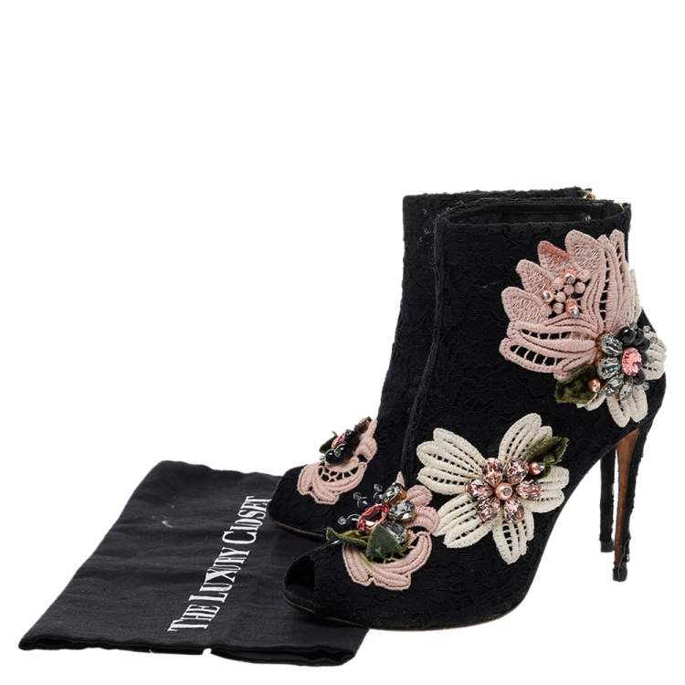 Pre Owned Dolce & Gabbana Black Lace Embellished Peep Toe Booties Size 37.5