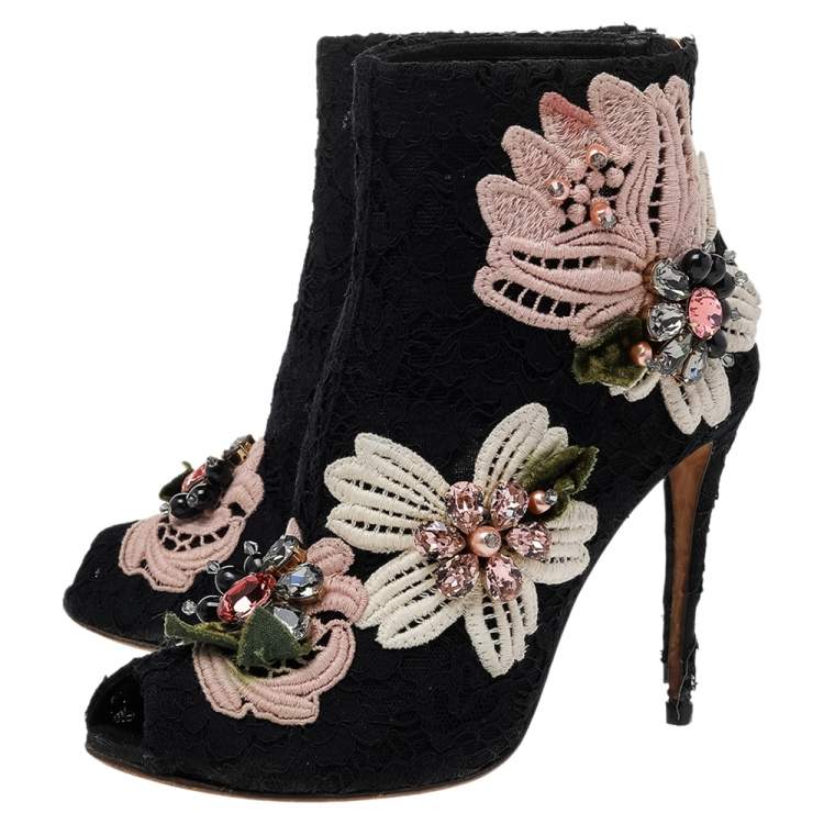 Pre Owned Dolce & Gabbana Black Lace Embellished Peep Toe Booties Size 37.5