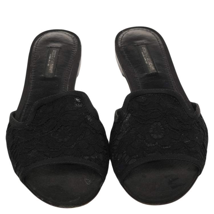 مملوكة مسبقًا Dolce & Gabbana Black Lace Flat Slide Sandals Size 36