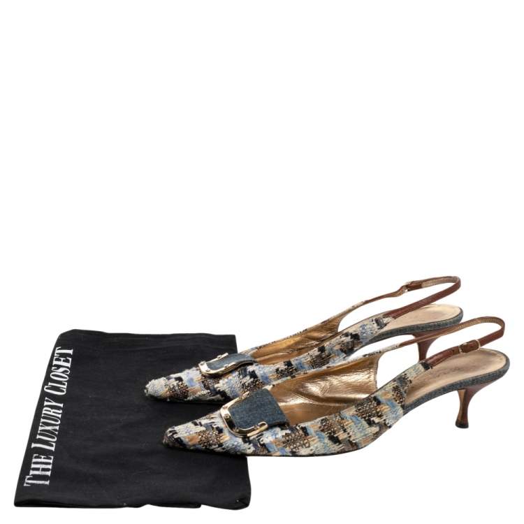 Pre Owned Dolce and Gabbana Multicolor Tweed And Denim Slingback  Pumps Size 39