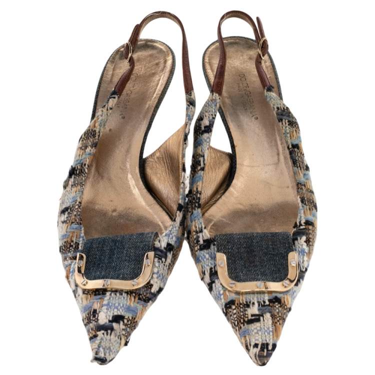 Pre Owned Dolce and Gabbana Multicolor Tweed And Denim Slingback  Pumps Size 39