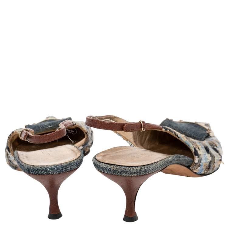 Pre Owned Dolce and Gabbana Multicolor Tweed And Denim Slingback  Pumps Size 39