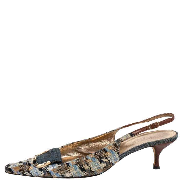 Pre Owned Dolce and Gabbana Multicolor Tweed And Denim Slingback  Pumps Size 39