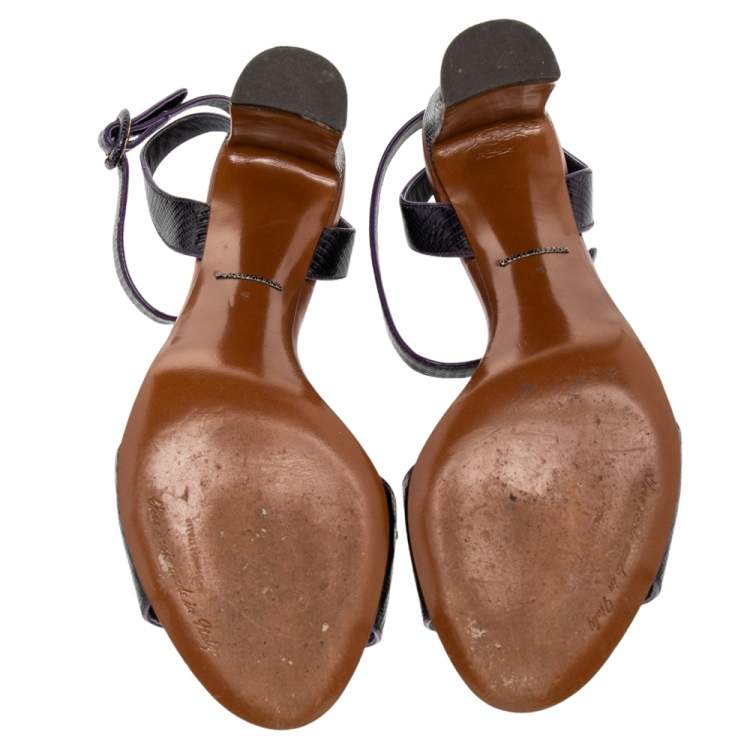 Pre Owned Dolce & Gabbana Lizard Embossed Leather Embellished Block Heel Ankle Strap Sandals Size 40
