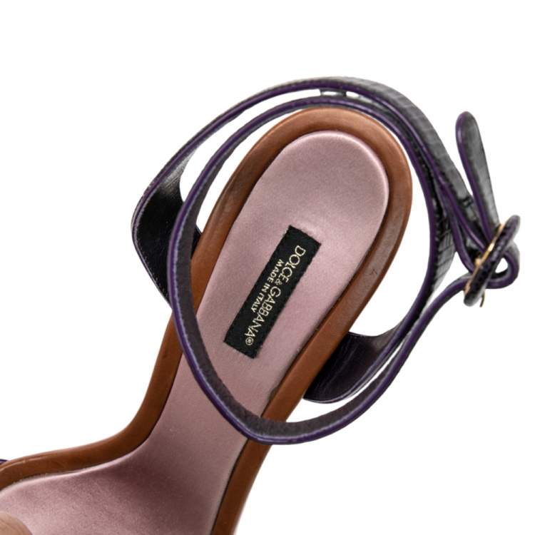Pre Owned Dolce & Gabbana Lizard Embossed Leather Embellished Block Heel Ankle Strap Sandals Size 40