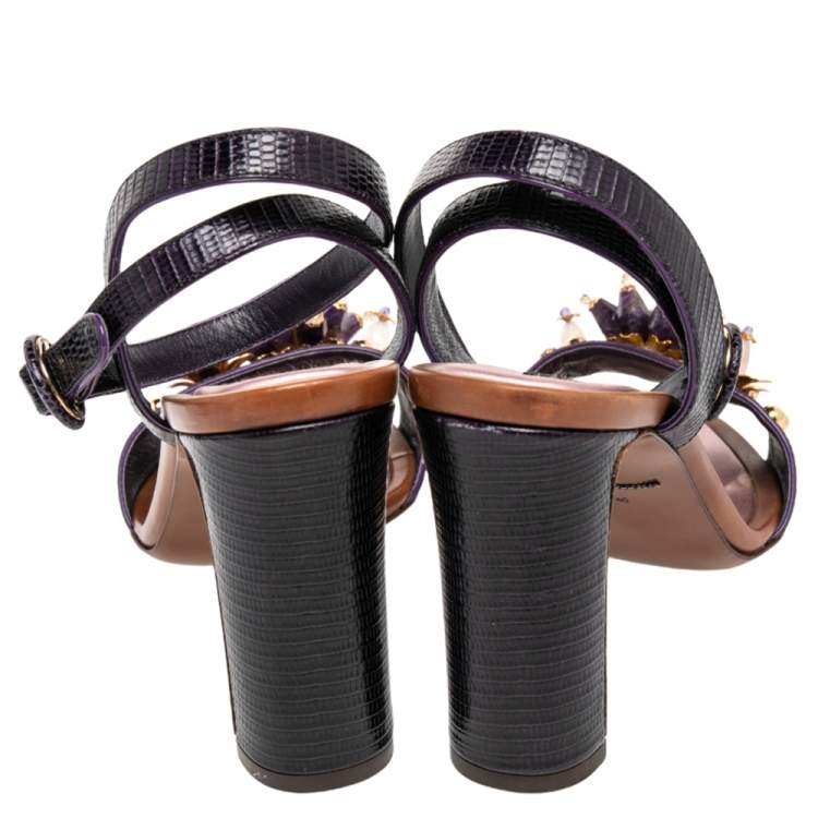 Pre Owned Dolce & Gabbana Lizard Embossed Leather Embellished Block Heel Ankle Strap Sandals Size 40