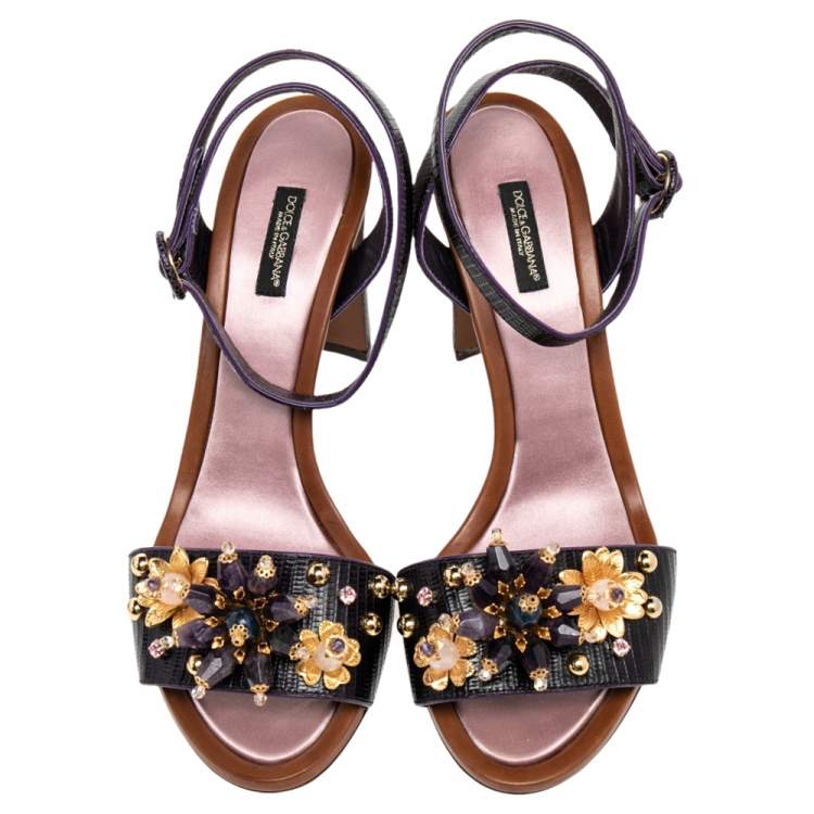 Pre Owned Dolce & Gabbana Lizard Embossed Leather Embellished Block Heel Ankle Strap Sandals Size 40